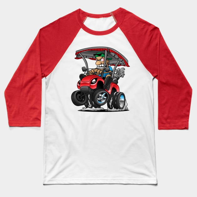 Funny Golf Cart Hotrod Golf Car Popping a Wheelie Cartoon Baseball T-Shirt by hobrath